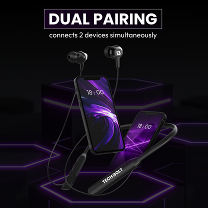 Techbolt BassPods Neckband Earphones with ENC Mic, Super Extra Bass ＆ Fast Charging (Made In India)