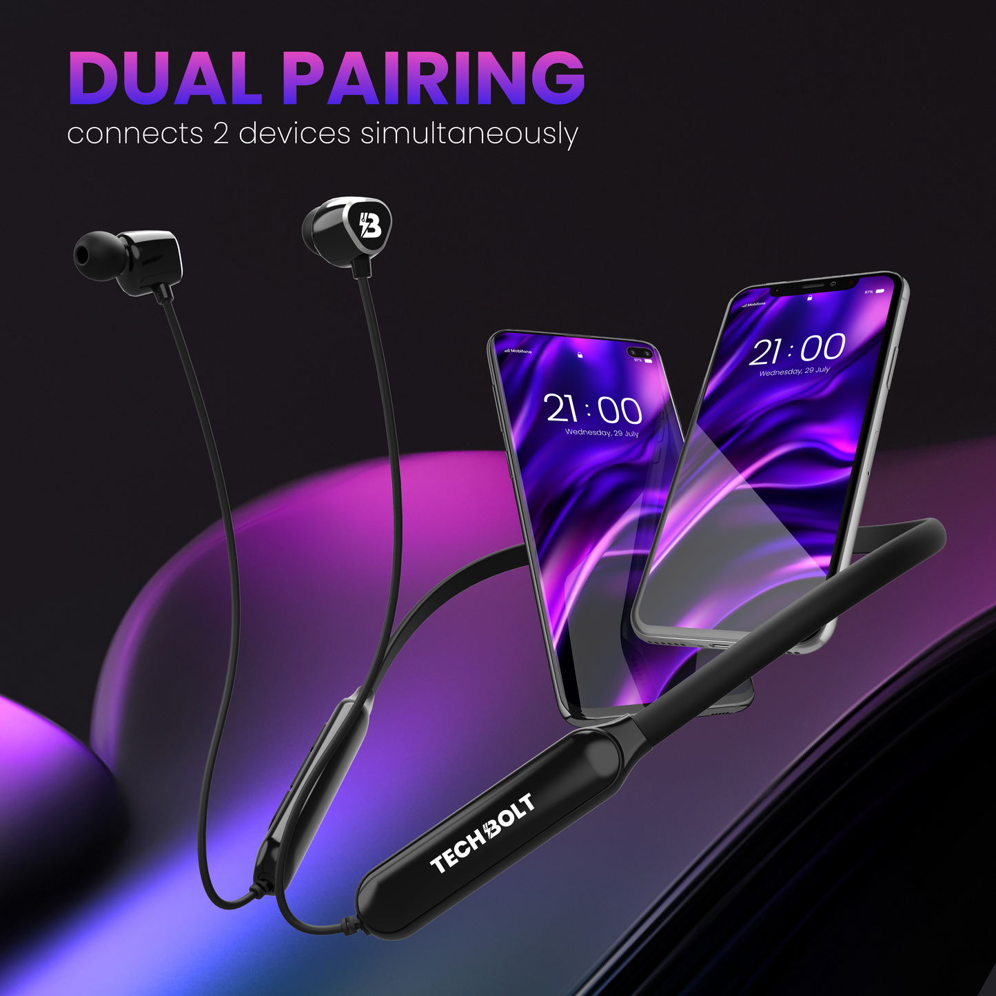 Techbolt Sense Premium Neckband Earphones with ENC Mic, Super Deep Bass ＆ Fast Charging (Made In India)