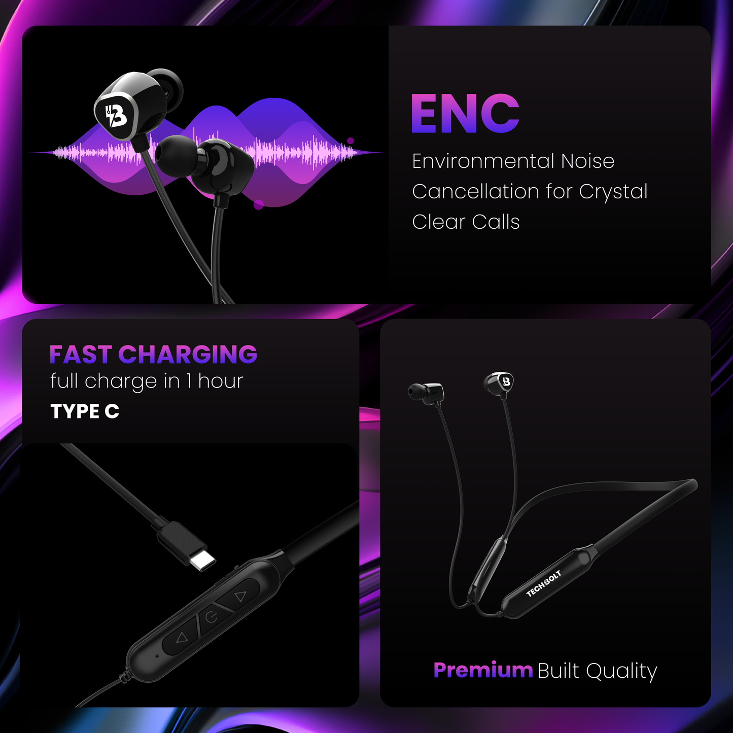 Techbolt Sense Premium Neckband Earphones with ENC Mic, Super Deep Bass ＆ Fast Charging (Made In India)