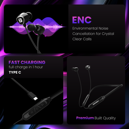 Techbolt Sense Premium Neckband Earphones with ENC Mic, Super Deep Bass ＆ Fast Charging (Made In India)
