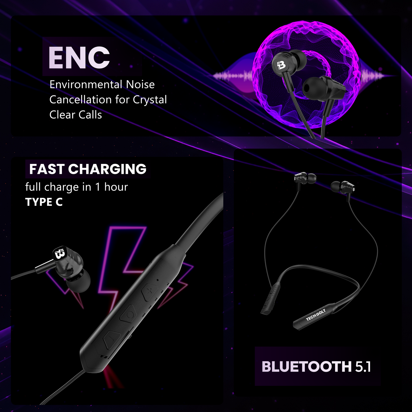 Techbolt BassPods Neckband Earphones with ENC Mic, Super Extra Bass ＆ Fast Charging (Made In India)