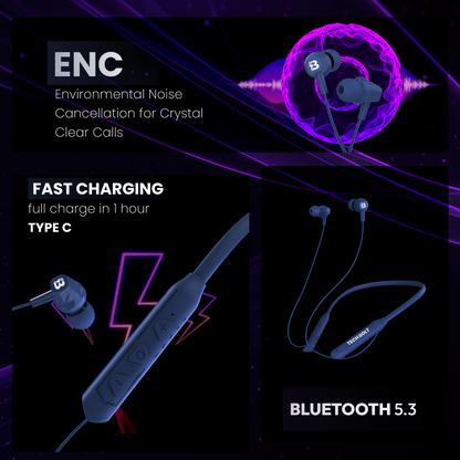 Techbolt BassPods Neckband Earphones with ENC Mic, Super Extra Bass ＆ Fast Charging (Made In India)